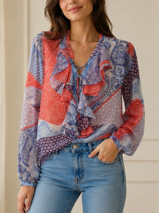 Tommy Hilfiger Tops - Tommy Hilfiger Ruffle Lace Up Mixed Print Paisley Blouse Size L